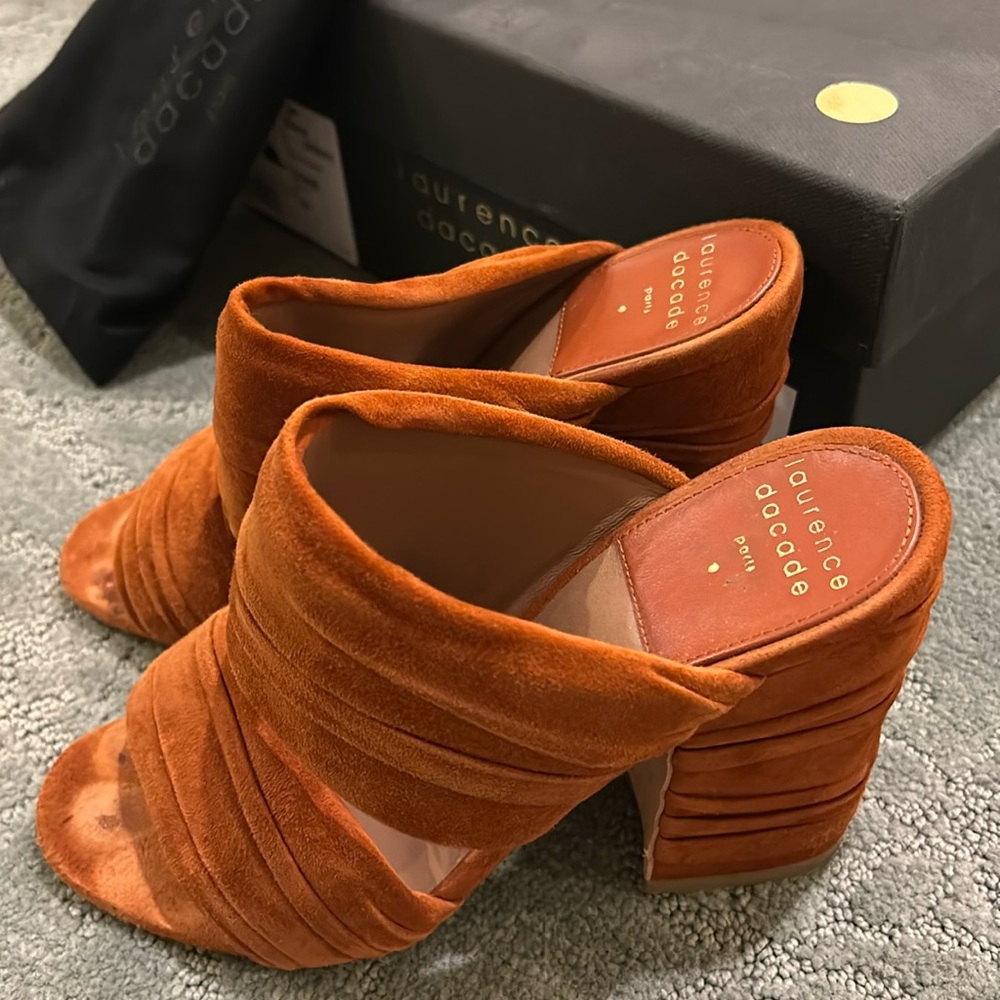 Laurence dacade Paris brick rust suede mules slides ruched heels size 7